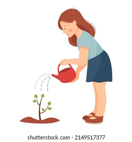 The girl is watering the tree. The girl takes care of the plant. Vector flat illustration.