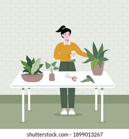The girl is watering the trees in her garden well. Flat vector illustration. Householding works and human activity banner.