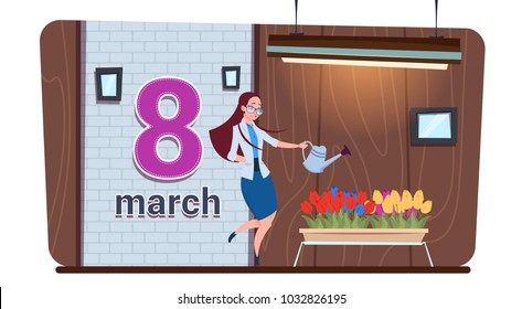 Girl Watering Tulip Flowers Happy Women Day 8 March Holiday Concept Flat Vector Illustration