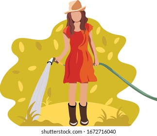 girl watering vector with
hose flowers