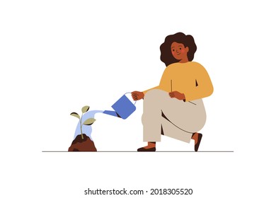 Girl is watering a young tree. Female gardener grows plant. Green economy and forestation concept. Vector illustration
