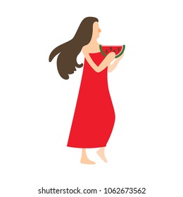 girl with watermelon slice | flat design illustration