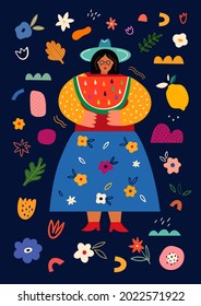 Girl with watermelon. Summer vector illustration