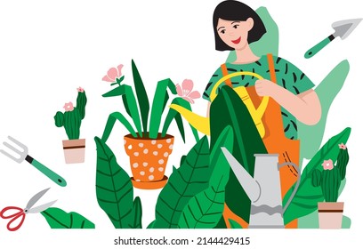 Girl waters decorative flowers, indoor plants with watering can on floral background. Concept of service for the care of indoor plants, flower transplanting, seed planting. Cartoon vector illustration