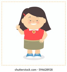 The girl waved her hand in greeting. Asian girl. Vector cartoons