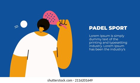 Girl waved her tennis racket over the ball. Padel tennis court. Padel Sport concept. Flat vector banner illustration.