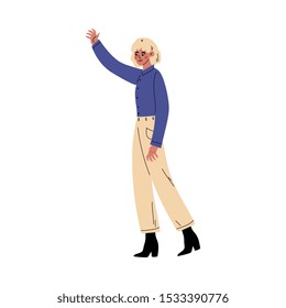 The girl waves her hand and holds the other hand down cartoon vector illustration
