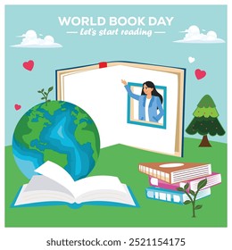 A girl waves through a book by a window. Imagination when reading a book. World Book Day concept. Flat vector illustration.