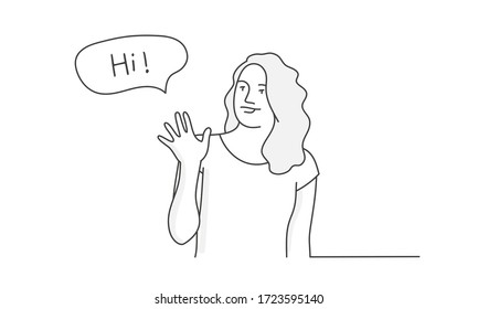 Girl waving hand. Contour drawing vector illustration. Line art. 