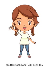 Girl waving hand, cute child, vector illustration