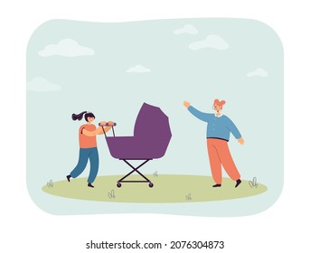 Girl waving hand to friend walking with buggy. Children playing together in fresh air flat vector illustration. Childhood, role-playing game concept for banner, website design or landing web page