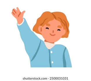 Girl waving hi gesture, greeting with happy smile. Adorable cute kid with arm up, saying hello. Excited friendly joyful child character. Flat vector illustration, isolated on white background