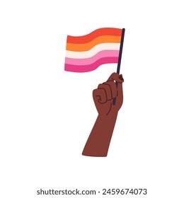 Girl waving orange pink rainbow, symbol of LGBT. African american person holds lesbian flag in hand. Homosexual love. Pride month parade, demonstration. Flat isolated vector illustration non white