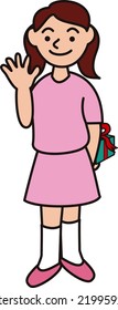 girl waving with a present