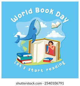 A girl waving through a windowed book at a flying whale. Reading increases imagination. World Book Day concept. Flat vector illustration.