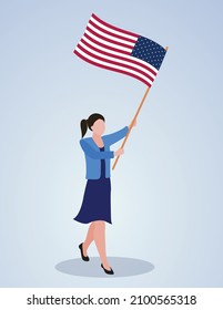 girl waving of USA flag cartoon