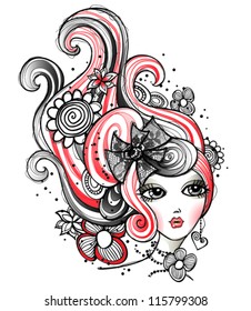 Girl with wavy hair and flowers