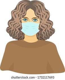 a girl with wavy hair in a medical mask. prevention of covid coronavirus 19. a protective agent against viruses and bacteria. blue-eyed brown-haired woman. color poster.