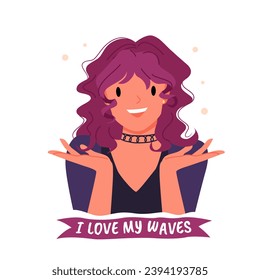 Girl with wavy pink hair and I love my waves text vector illustration. Cartoon isolated motivation beauty sticker of curly girl method, beautiful woman with trendy hairstyle and inspirational message