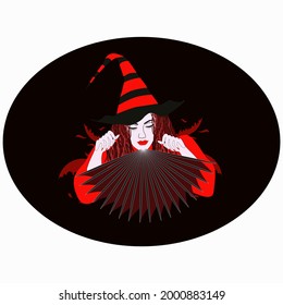 A girl with wavy red hair in a red blouse and a stripped witch hat sits bending over an open book against the background of a dark portal. Isolated vector illustration in a fantasy style and Halloween 
