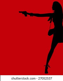Girl With Weapon. Woman Agent  007 With Pistol On Heels. Vector Illustration