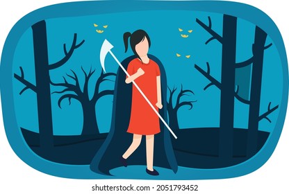A girl wear halloween costume and standing with a scythe.