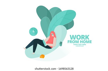 Girl wear mask using laptop at home. Work from home during outbreak of the coronavirus (COVID-19) disease. Concept for stay home on quarantine to avoid virus pandemic spreading. Vector illustrator.