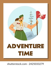 Girl wear scout uniform, neckerchief holding a flag. Adventure time poster. Cartoon summer camp scouts leadership character. Vector illustration of education outdoor activities