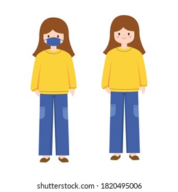A girl wear yellow sweater and blue jeans with face mask. Vector illustration. Character design.