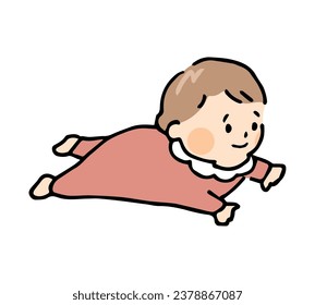 A girl wearing baby clothes and lying face down.