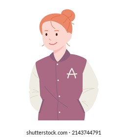 Girl wearing a baseball jacket and putting her hands in her pockets. flat design style vector illustration.