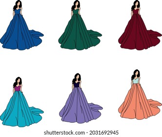 A girl wearing a beautiful gown long frock style cloth. Set of 6 different color gown.