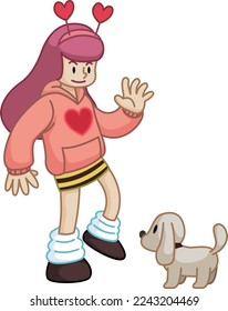 A girl wearing a bee skirt says hello to a puppy