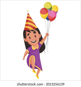 Girl is wearing birthday cap and holding balloons on another hand. Vector graphic illustration. Individually on a white background.	