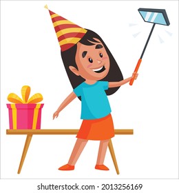 Girl is wearing a birthday cap and taking a selfie on phone. Vector graphic illustration. Individually on a white background.	