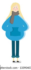 A girl is wearing a blue fashionable sweater pant and canvas shoes vector color drawing or illustration 