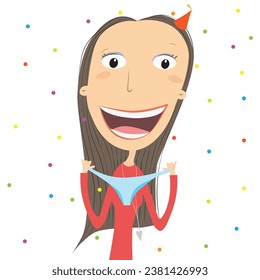 Girl wearing blue panties for good luck in the new year. New Year's Superstition. Vector Illustration.