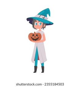 A girl wearing a bright witch outfit is holding a pumpkin. Halloween is a special theme or topic. Cartoon style, Vector Illustration