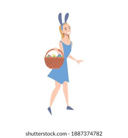 Girl Wearing Bunny Ears Carrying Wicker Basket with Easter Eggs, Happy Easter Concept Cartoon Style Vector Illustration