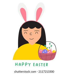 Girl wearing bunny ears. Happy Easter. Illustration on white background