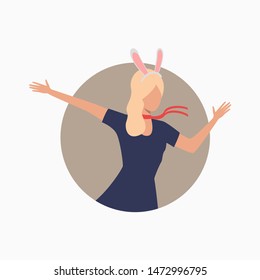 Girl wearing bunny ears having fun. Woman in party dress dancing and celebrating. Holiday concept. Vector illustration can be used for topics like festive event, party, carnival