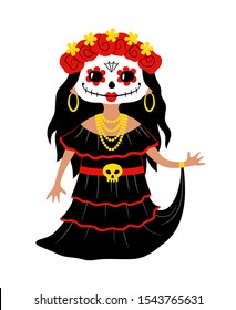 Girl wearing carnival costume for traditional Mexican holiday Dia de los Muertos (Day of the Dead). Sugar skull make up, black dress, red flower wreath, golden jewels. Chibi style vector illustration