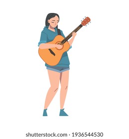 Girl Wearing Casual Clothes Playing Acoustic Guitar, Female Musician Guitarist Character Performing at Concert or Learning to Play Musical Instrument Cartoon Vector Illustration