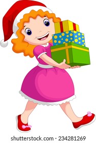 A girl wearing a Christmas hat holding a stack of gifts