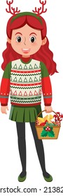 A girl wearing Christmas outfits on white background illustration