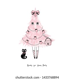 Girl wearing Christmas tree costume hand drawn vector illustration. Kawaii pink New Year glamour sketch. Cute black cat drawing. Festive Xmas girlish poster, banner design element with lettering