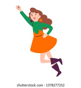 Girl wearing colorful costume of superhero. Vector.