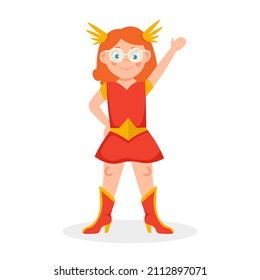 Mädchen mit buntem Superheldenkostüm einzeln auf weißem Hintergrund. Cute Wonder Girl. Cartoon, Vektorgrafik.