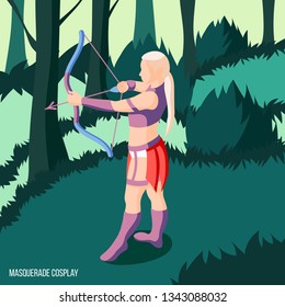 Girl wearing cosplay elf costume and doing archery in forest isometric background 3d vector illustration