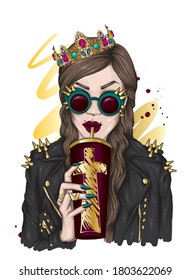 Girl wearing a crown, leather jacket, glasses and coffee. Stylish clothes. Woman. Vector illustration, fashion and style.